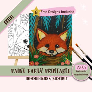 Fête de peinture de forêt de renard mignon imprimable - nuit fantaisiste dans les bois avec image de référence de lucioles et traceur - peinture magique et gorgée - numérique