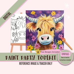 Highland Cow Paint Party Sublimation PNG Tracer - Arte digital de bricolaje, plantilla de lienzo predibujada, perfecto para manualidades, pintura y fiestas de sorbos