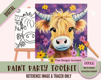 Highland Cow Paint Party Sublimation PNG Tracer - Digital DIY Art, Pre-Drawn Canvas Stencil, Perfect for Crafting and Paint and Sip Parties
