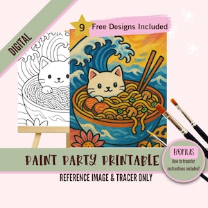 Zestaw do malowania Kawaii Cat Ramen, japońskie malowanie makaronu do wydrukowania, słodkie jedzenie DIY na wieczór malowania i picia, styl anime do śledzenia na kreatywne wydarzenia
