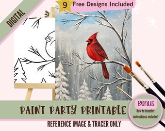 May include: Digital printable paint party design featuring a red cardinal perched on a snow-covered branch in a winter forest scene. The design includes a reference image and a tracer for easy painting.