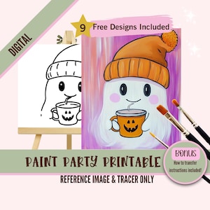 May include: A digital printable paint party design featuring a cute ghost wearing a pumpkin-colored hat and holding a mug of hot cocoa with a jack-o-lantern face. The design includes a reference image and a tracer for easy painting.
