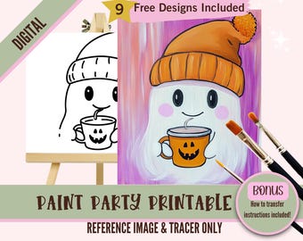 Cute Summerween Sip and Paint Downloadable Stencil Art, DIY Acrylic Painting Party Image Transfer, Halloween Ghost Painting Digital Download