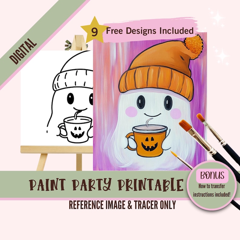May include: A digital printable paint party design featuring a cute ghost wearing a pumpkin-colored hat and holding a mug of hot cocoa with a jack-o-lantern face. The design includes a reference image and a tracer for easy painting.