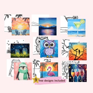 May include: Nine free printable paint by number designs. The designs include a sunset beach scene, a couple of owls, a flamingo on a beach, a jar with fireflies, a penguin, a martini glass, and a couple of birds on a branch.