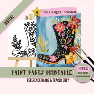 May include: A digital paint party printable featuring a black boot with floral designs. The printable includes a reference image and a tracer for painting.