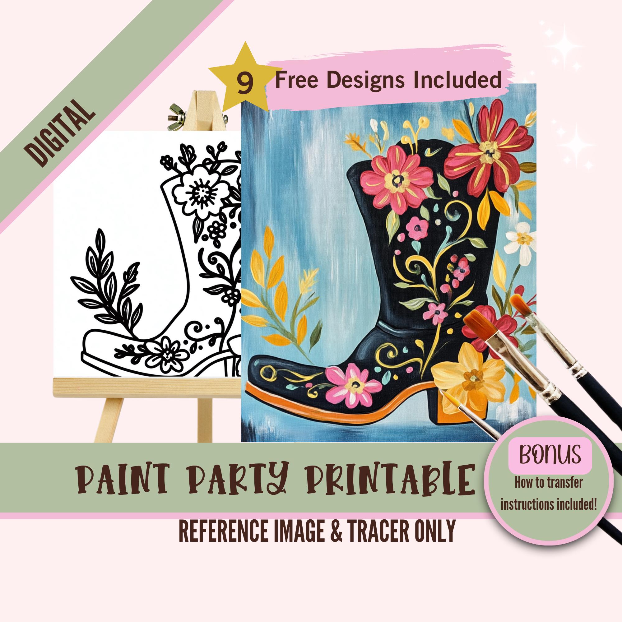 Cowgirl Floral Boot Sip and Paint Downloadable Stencil Art, DIY