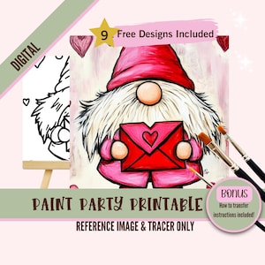 Valentine Gnome Paint Party druckbare, Liebesbrief Leinwand Kunst Vorlage, digitale Malerei Tracer, DIY Farbe Nacht Design, Herz Kunst Download