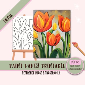 Flower Girl Sip N Paint Impressão em tela Download digital instantâneo para festas de arte, Png Party Stencil, Date Night Sip e Paint para impressão, tulipas