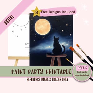 Halloween Cat Paint Party Printable, DIY Painting Kit for Kids, Full Moon Night Art, Cute Black Cat Template, Spooky Birthday Activities