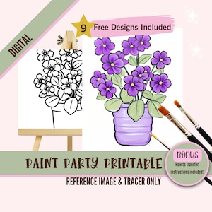Strandveilchen Blumenmalerei-Kit für Erwachsene und Kinder | Vorgezeichnete Leinwand mit Farben | DIY Kunst-Party Kit | Malen und Sip druckbare Vorlage