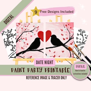Cita para pintar y beber para adultos en el Día de San Valentín: plantillas de pintura sobre lienzo prediseñadas e imprimibles para dos: perfectas para parejas y fiestas