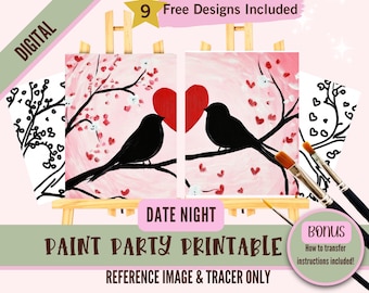 Valentines Day Adult Sip and Paint Date Night - Printable Predrawn Paint On Canvas Templates For Two - Perfect for Couples and Parties
