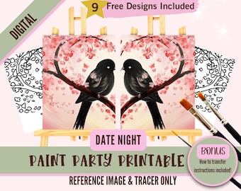 Valentines Day Adult Sip and Paint Date Night - Printable Predrawn Paint On Canvas Templates For Two - Perfect for Couples and Parties