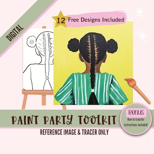 Black Girl With Braids Art Painting Party PNG, DIY Pre-Drawn Canvas Stencil Kit, Perfect for Black Girl Coloring and Paint and Sip Parties