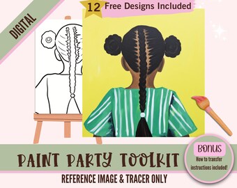 Black Girl With Braids Art Painting Party PNG, DIY Pre-Drawn Canvas Stencil Kit, Perfect for Black Girl Coloring and Paint and Sip Parties