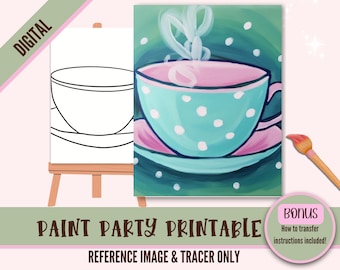 DIY Sip N Paint Canvas Print Instant Digital Download for Art Parties, Png Party Stencil, Date Night Sip and Paint Printable, Teacup, Mug