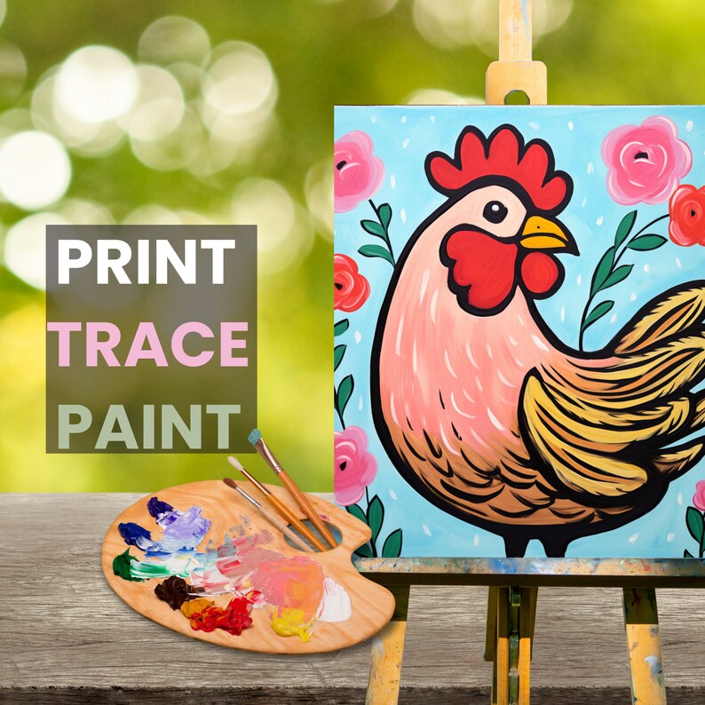 May include: A wooden paint palette with a variety of colors, including red, blue, green, yellow, and white.  A paintbrush is resting on the palette.  A canvas with a painted rooster design is on an easel in the background.  The text "PRINT TRACE PAINT" is visible in the foreground.