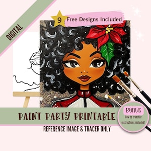 Christmas Paint Party Printable - Festliche schwarze Frau mit Weihnachtsstern-Tracer Art - Urlaub Farbe und Schluck DIY Dekor - Winter Bastelset
