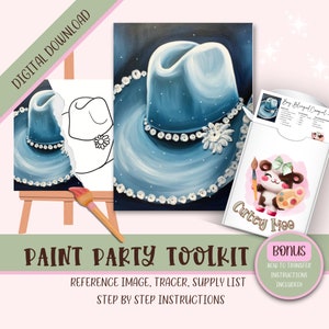 May include: Digital download paint party toolkit featuring a blue and white cowboy hat with pearl embellishments. The toolkit includes a reference image, tracer, supply list, and step-by-step instructions.