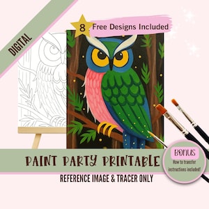 Imprimible para fiesta de pintura de búhos coloridos y caprichosos - Imagen de referencia y trazador de un bosque arcoíris vibrante - Dibujos animados para pintar y beber - Descarga digital