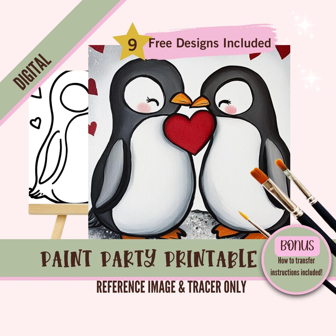 Valentine’s Day Penguin Paint Party Printable, Cute Heart Canvas ...