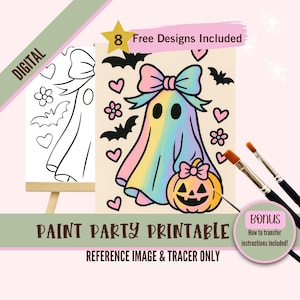 Puede incluir: Una impresión digital para una fiesta de pintura con un diseño de fantasma colorido, una calabaza, murciélagos y corazones. La imagen incluye el texto "8 Free Designs Included" y "Paint Party Printable". También se ven dos pinceles.