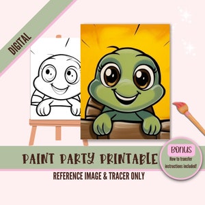 Pre-Drawn Canvas for Kids and Adults Art Party | Diy Painting Kit | PNG | Instant Download | Diy Sip N Paint Tracer | Cute Chibi Turtle
