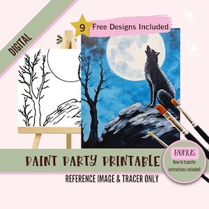 Moonlit Sip and Paint Party Kit Canvas, plantilla de lobo aullador predibujada para fiestas de arte diy, plantilla imprimible, contorno png de la noche de pintura