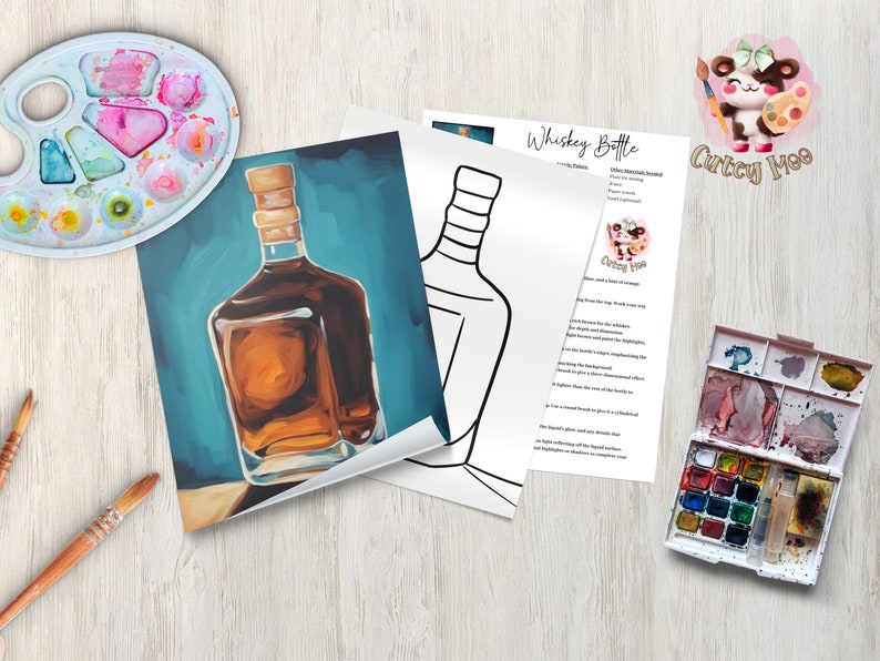a picture of a bottle of alcohol next to a paintbrush