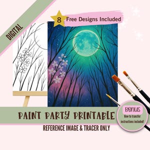 Disegno da colorare stampabile con silhouette di albero con luna piena / Disegno del cielo notturno nella foresta incantata / Pagina da colorare mistica
