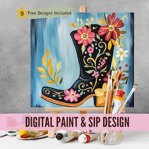 May include: A digital paint and sip design featuring a black cowboy boot with colorful floral designs on a blue background. The design is on a canvas on an easel with paintbrushes and paint tubes in the foreground.