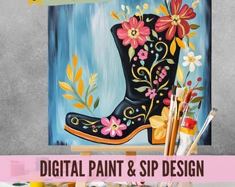 Cowgirl Floral Boot Sip and Paint Downloadable Stencil Art, DIY Acrylic Painting Party Image Transfers, Paint Night Canvas Digital Download