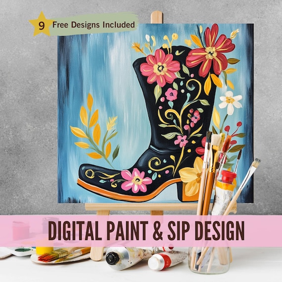 Cowgirl Floral Boot Sip and Paint Downloadable Stencil Art, DIY Cowgirl Floral Boot Sip and Paint Downloadable Stencil Art, DIY