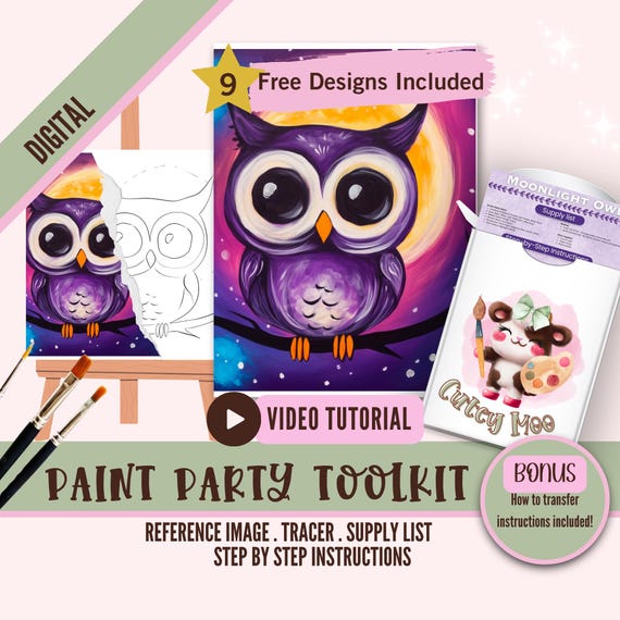 Moonlight Owl Paint Party Kit - Digital Painting Tutorial, Virtual Paint Night, DIY Painting, Paint & Sip Tracer, Owl Art, Fun Craft for All