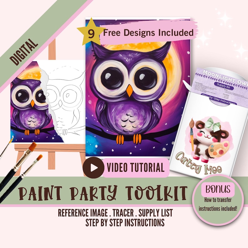May include: Digital paint party toolkit featuring a purple owl with large eyes on a branch in front of a full moon. The toolkit includes a reference image, tracer, supply list, and step-by-step instructions.  It also includes a bonus on how to transfer images.