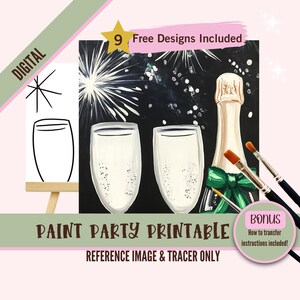 Afdrukbaar nieuwjaarsfeest 2025 - champagneglas tracerkunst - feestelijke verf en slokje DHZ-decoratie - knutselset oudejaarsavond voor volwassenen