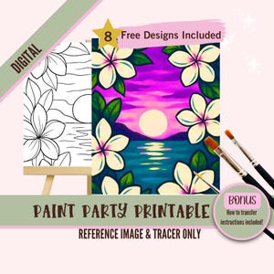 Traceur PNG de fête de peinture de paysage de Sunrise Lake, kit de pochoir de toile prédessiné bricolage, parfait pour colorier et peindre et siroter des fêtes