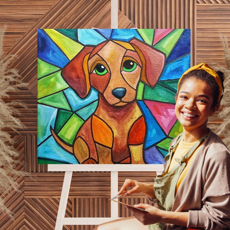 Digital Paint Party Toolkit featuring a stained glass dog design. Includes pre-drawn canvas tracer for easy paint and sip events. Perfect for adult craft parties, DIY art projects, and painting enthusiasts looking for a fun and creative activity.