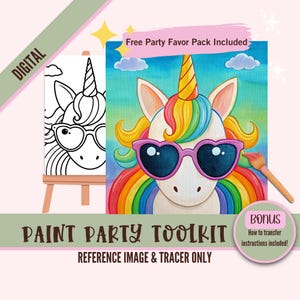 Festa di pittura dell'unicorno della principessa delle fiabe stampabile, sublimazione PNG arte fai da te, stencil su tela pre-disegnato, perfetto per feste di pittura e sorso