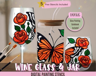 May include: A wine glass, jar, and stemless glass with digital painting stencils. The wine glass and stemless glass feature orange roses and green leaves. The jar has an orange and black butterfly design. The text reads "WINE GLASS & JAR DIGITAL PAINTING STENCIL".