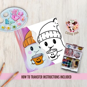 May include: A printable coloring page featuring two ghosts wearing hats and holding mugs with pumpkin faces. The ghosts are on a pink and purple background with the text "How to Transfer Instructions Included".