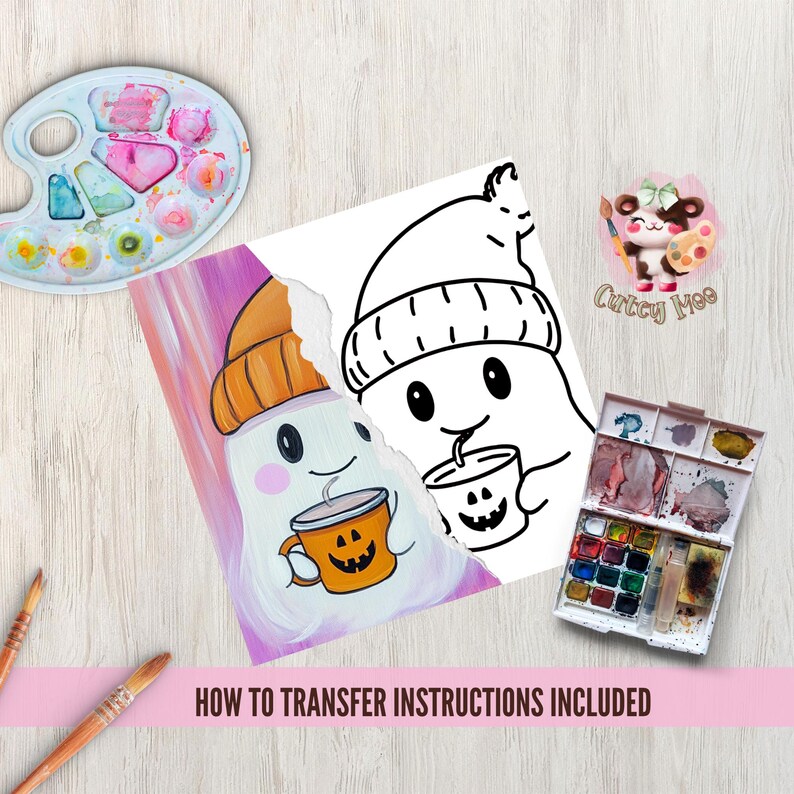 May include: A printable coloring page featuring two ghosts wearing hats and holding mugs with pumpkin faces. The ghosts are on a pink and purple background with the text "How to Transfer Instructions Included".