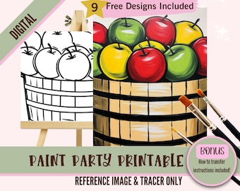 Apple Harvest Painting Kit | Pre-Drawn Canvas for Adults | DIY Paint and Sip Party | Fall Apple Art Printable Template, Digital Download