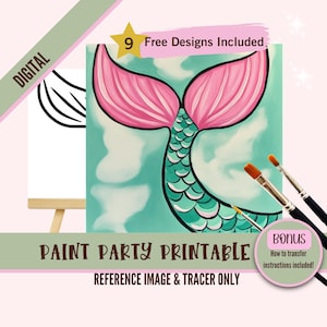 Kit de fiesta de pintura y sorbos con cola de sirena, plantilla prediseñada para cumpleañera para fiestas de arte DIY, plantilla imprimible, noche de pintura PNG
