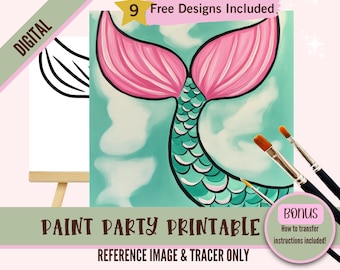 Mermaid Tail Sip and Paint Party Kit Canvas, Birthday Girl Pre drawn Template for DIY Art Parties, Printable Stencil, Paint Night Png