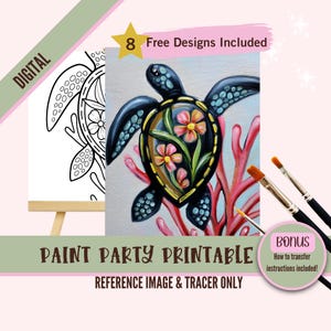 Fiesta de pintura con diseño floral de tortuga marina imprimible / Arte costero playero digital descargable / Plantilla caprichosa para pintar y beber en el océano