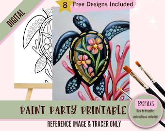 May include: Digital paint party printable featuring a black sea turtle design with pink and yellow flowers. Includes a reference image and tracer. The text reads "8 Free Designs Included" and "Bonus: How to transfer instructions included!"