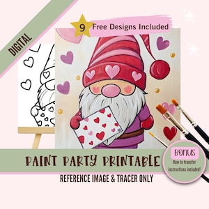Valentine Gnome Paint Party druckbare, Liebesbrief Leinwand Kunst Vorlage, digitale Malerei Tracer, DIY Farbe Nacht Design, Herz Kunst Download