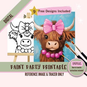 May include: Digital download of a paint party printable featuring a cute Highland cow with a pink bow and pink beads. The printable includes a reference image and a tracer.
